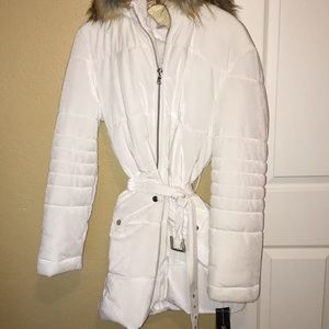 INC International Concepts White Belted Jacket with Fur Trim